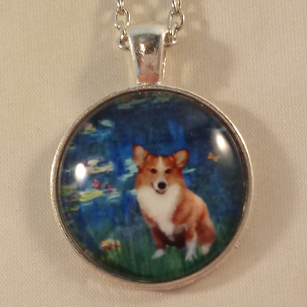 Silver Corgi Dog Cabochon Pendant Chain Necklace Animal Pet Party Gift